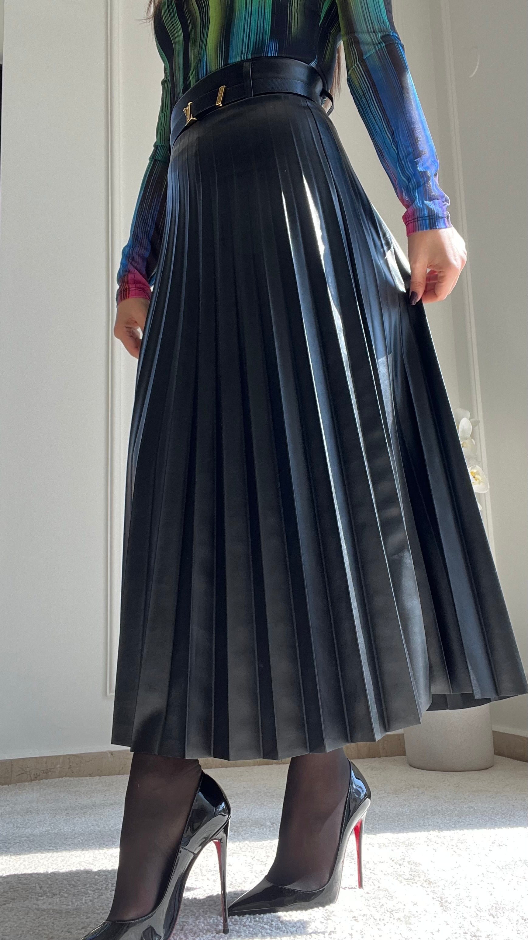 Black Leather Pleated Maxi Skirt
